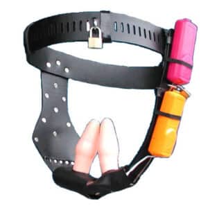 Leather chastity belt with 2 vibrating dildos for you