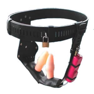 Leather chastity belt with 2 dildos with vibration for you